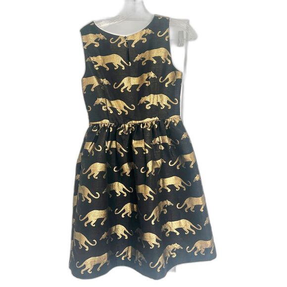 Anthropologie Eyedoll Black Gold Panther Cocktail Dress Pockets Fit Flare Size 0 - Picture 4 of 12